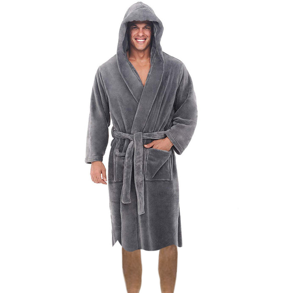 Amazon Warm Men's Plus Size Thickened Hooded Patch Short Winter Long Sleeve Nightgown