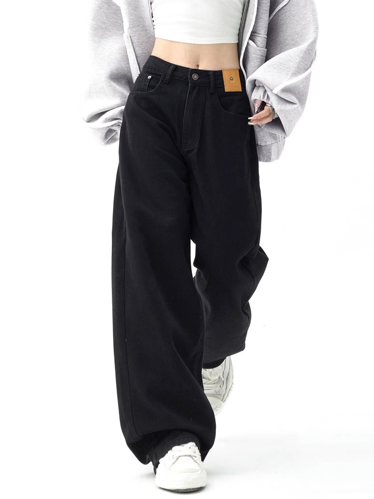 American retro black autumn and winter straight-leg casual jeans for women with loose high waist slimming wide-leg trousers trendy