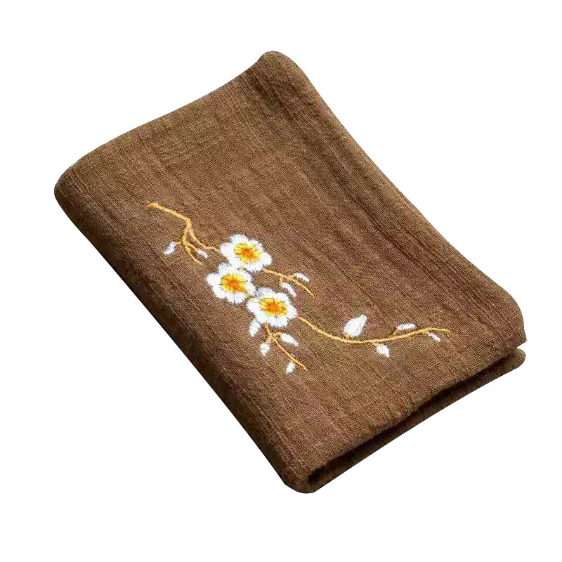 Wholesale cotton and linen tea towel home absorbent tea tray pot cleaning tea cloth Zen retro plum blossom embroidery tea towel printing
