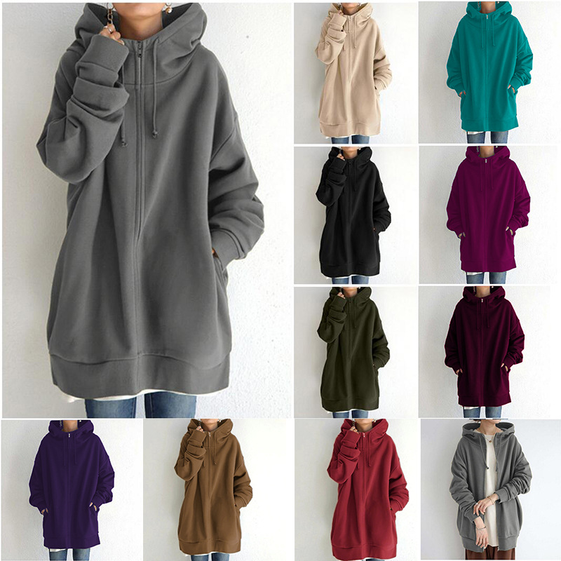 2023 foreign trade autumn and winter new personalized Street sweater zipper hooded long fleece-lined sweater HS0714