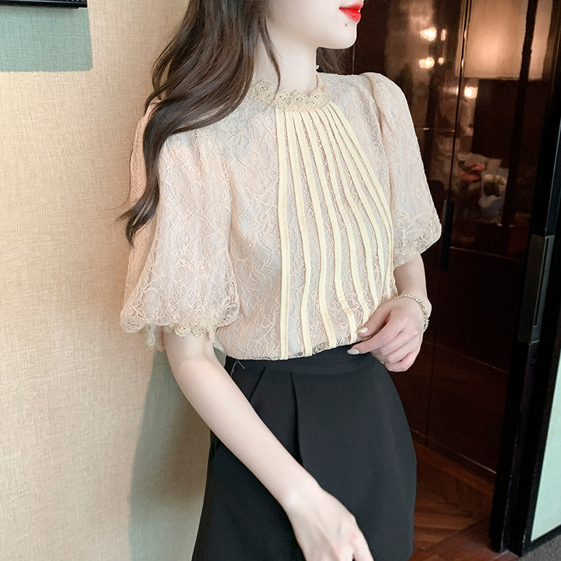2023 French Retro Lace Crewneck Lace Shirt Half Sleeve Chic Striped Top Salt Sweet Art