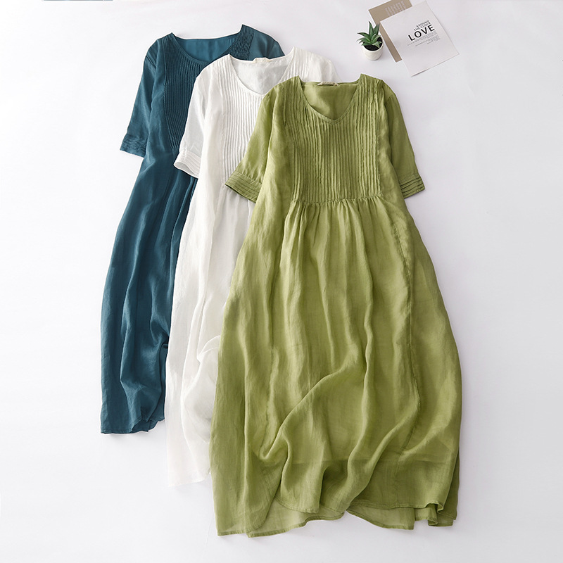 Vintage Design Sense Organ Pleated Dress Artistic Solid Color V-Neck Ramie Cool Slimming Long Dress for Women