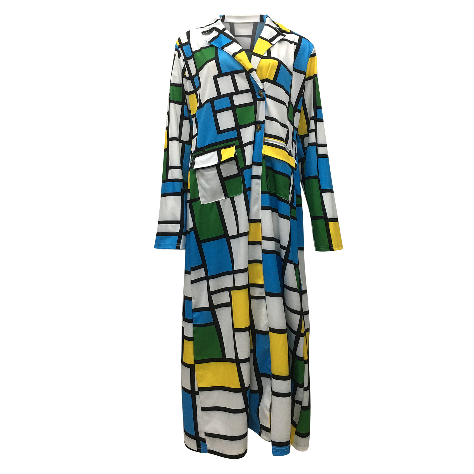 Autumn and winter New trench coat cross-border European and American plus size plaid printed double-breasted lapel coat coat women's coat_voghion.com