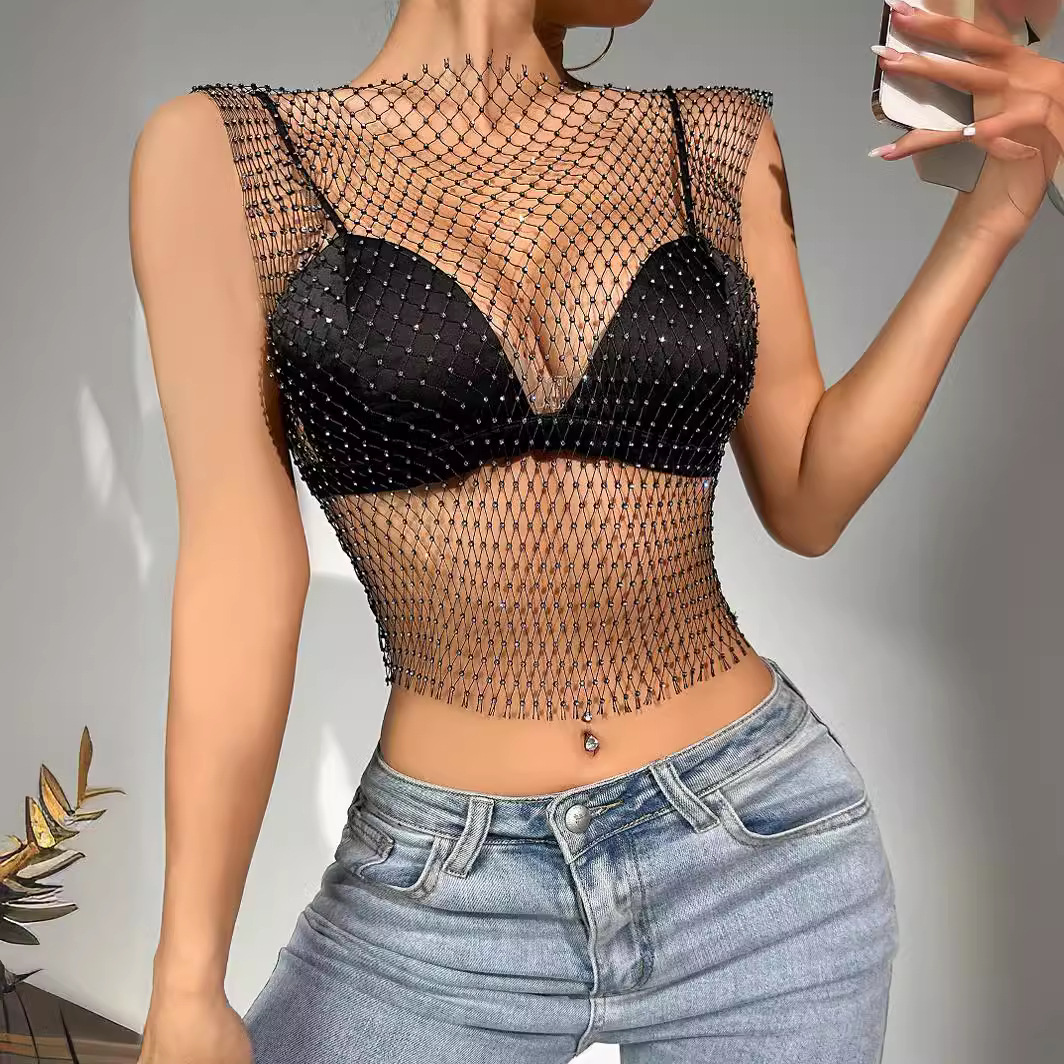 Amazon Cross-border Sexy Nightclub Women's European and American Fishing Net Hollow Rhinestone Vest Mesh Flash Diamond Strap Top Women