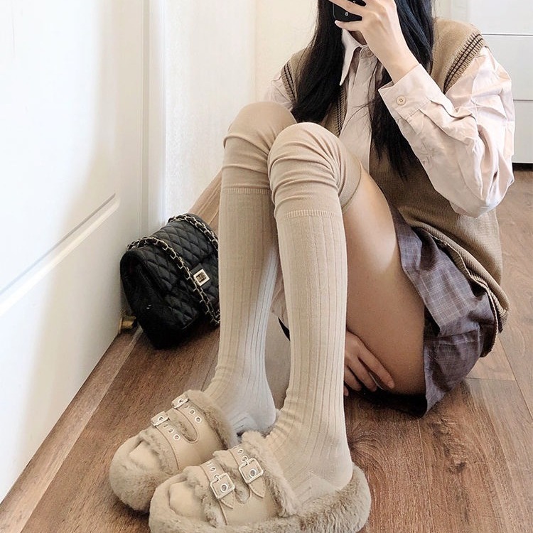 Pleated stacked stockings, thin solid color, pure lust, sweet splicing, over-the-knee high thigh socks for women