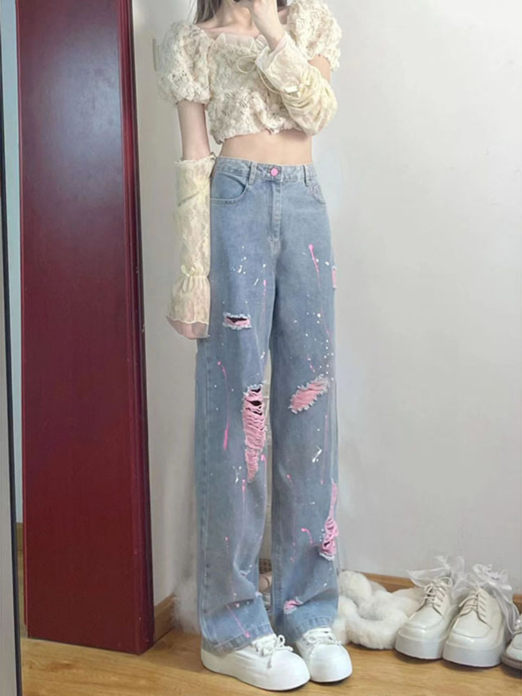 High waist retro design wide leg Denim pants 2023 spring and summer new hot girl ripped straight pants