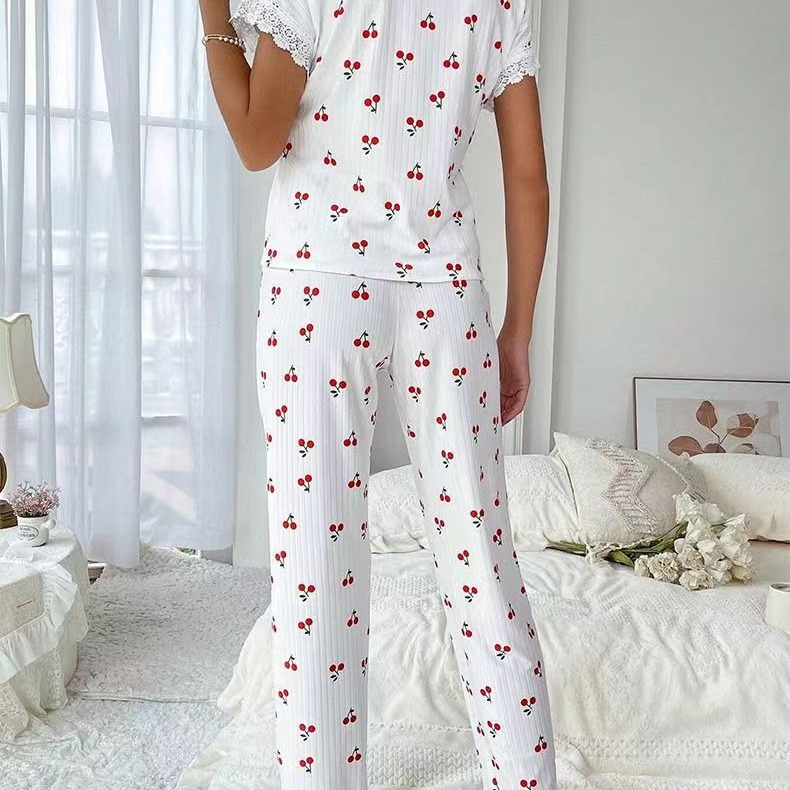 European and American Cross-border Hot-selling Home Clothes Cherry Printed Long-sleeved Lapel Pajamas Women's Outer Wearing Pants Two-piece suit