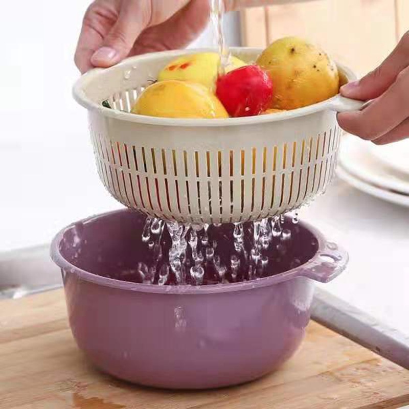 Wheisse Kitchen Round Water Filter Basket Vegetable Washing Basket Fruit and Vegetable Storage Washing Basket Household Double-Layer Draining Basket Drip Basket