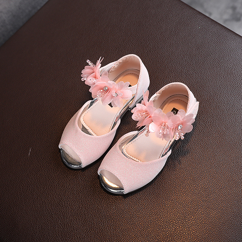 Children's peep toe Princess sandals summer new girls' sandals Pearl Flower Fashion soft bottom flat sandals