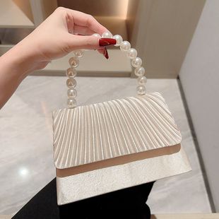 New satin evening bag pearl string handbag dress evening bag elegant pleated flap bag socialite small square bag