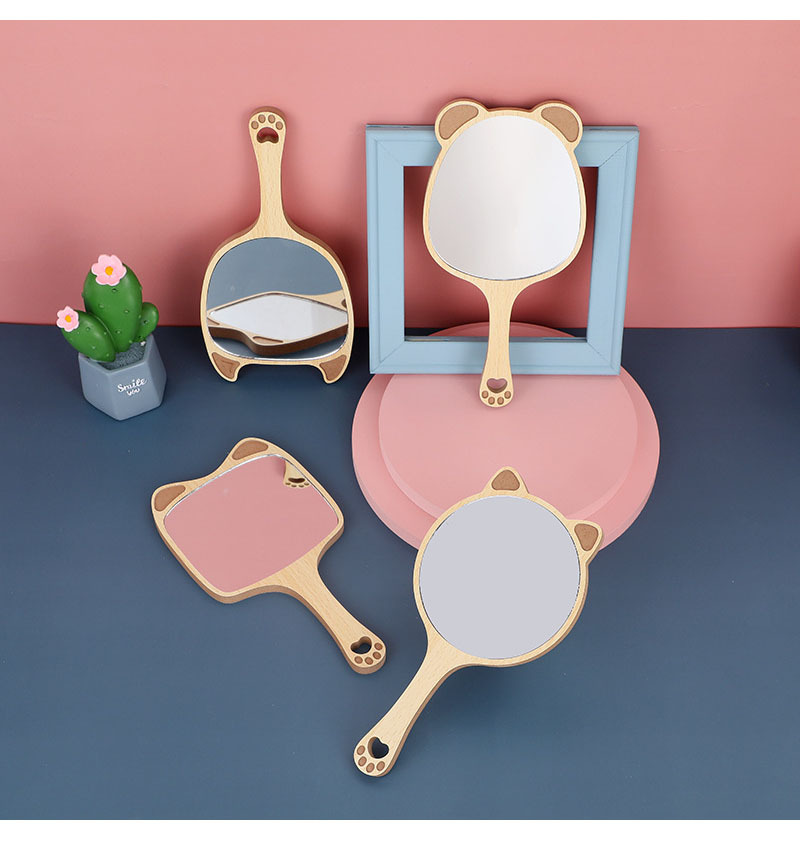 Beauty salon special makeup mirror female handle HD tattoo handheld handle mirror portable portable wooden small mirror