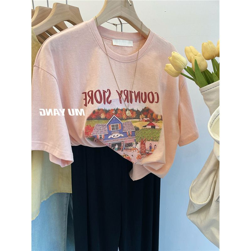 Fun Printed Short-sleeved T-shirt Women's 2023 Spring and Summer New Style Western Style Loose All-match Pure Cotton Casual Top