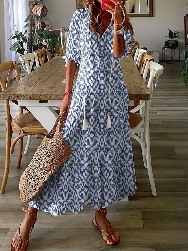 European and American Cross-border Hot Selling Casual Sweet Loose V-neck Printed Sling Mid-sleeve Long Dress for Women in Stock