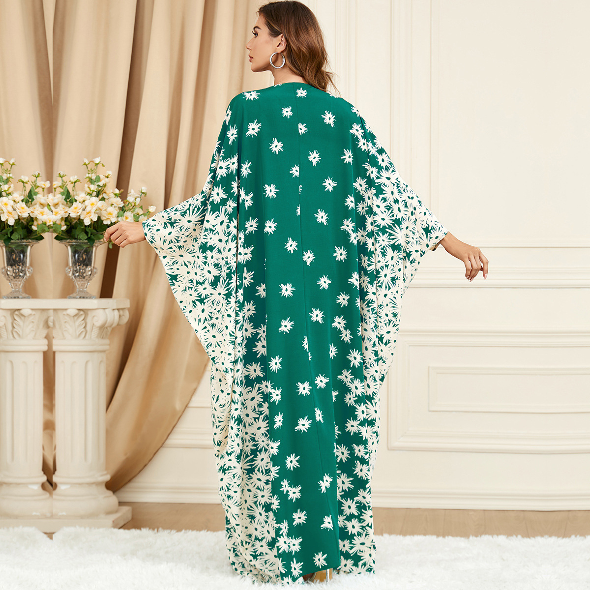 3421 Muslim Middle East Cross-border Trade Clothing Green Bat Sleeve Loose Fashion Large Size Dress