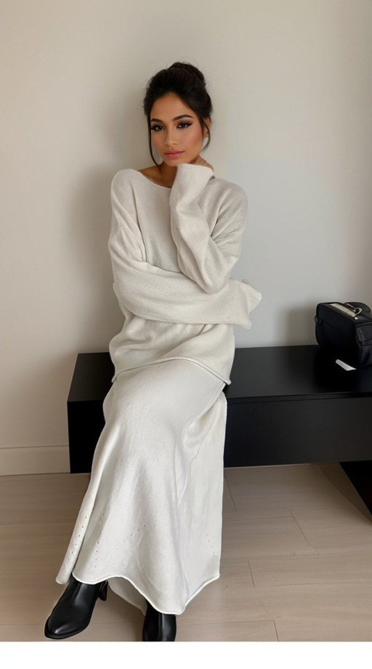 2024 autumn and winter New European and American style elegant knitted suit women's off-shoulder sweater top elastic waist fishtail skirt_voghion.com