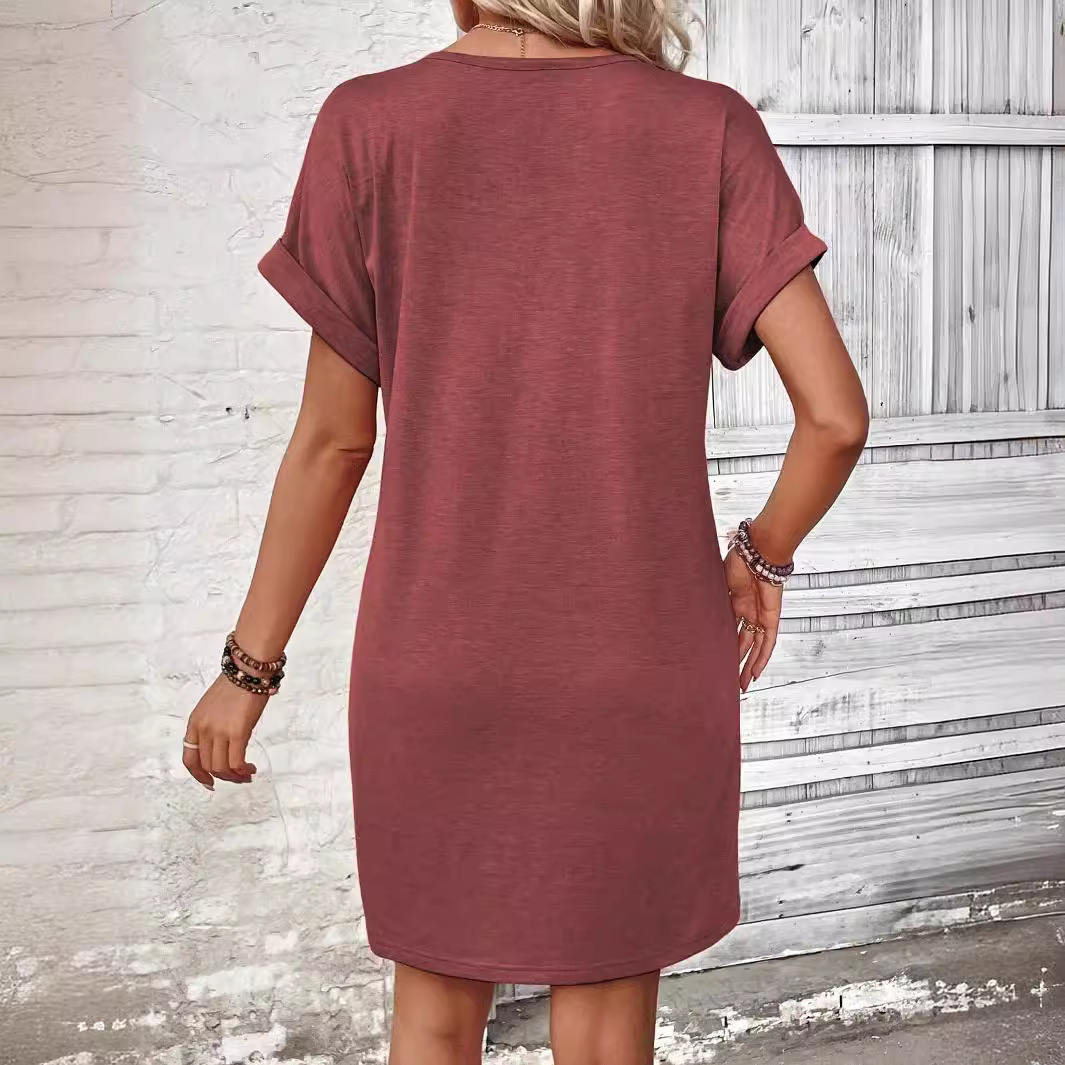 2025 Europe and America Amazon Cross-border Summer Women's Fashion All-match Buckle V-neck with Shoulder Roll Sleeve Solid Color dress