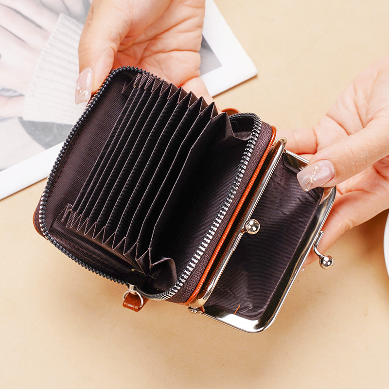 Vintage leather change small bag clip buckle multi-compartment card holder hand strap coin bag gift bag