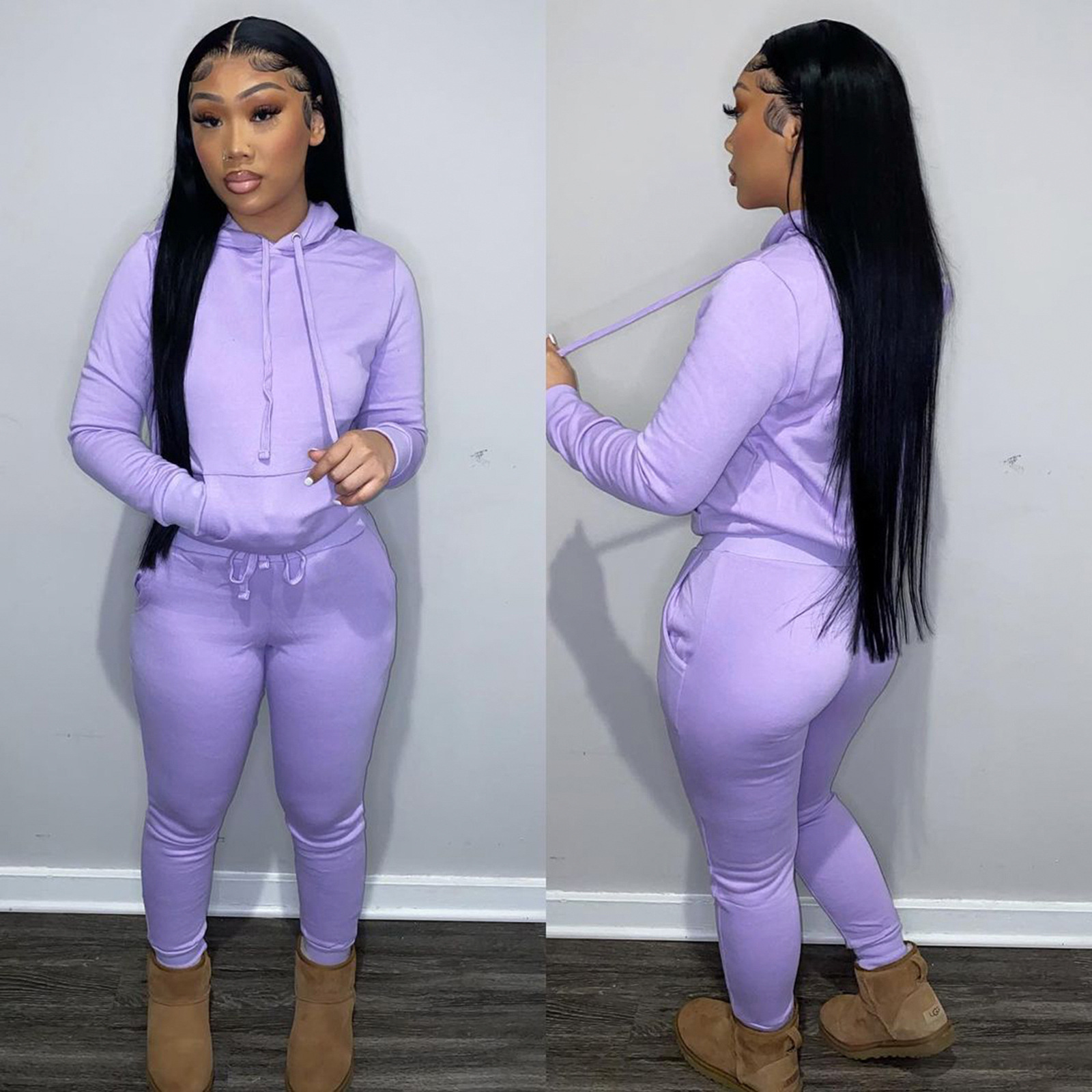 HR8197 European and American women's clothing  independent station supply autumn and winter plus velvet drawstring hooded two-piece set_voghion.com