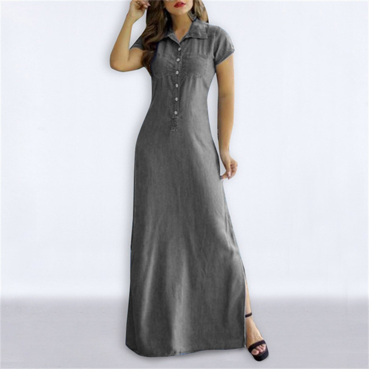 2024 European and American Cross-border New Long Dress Shirt Collar Split Pocket Large Dress Large Size Casual Denim Dress
