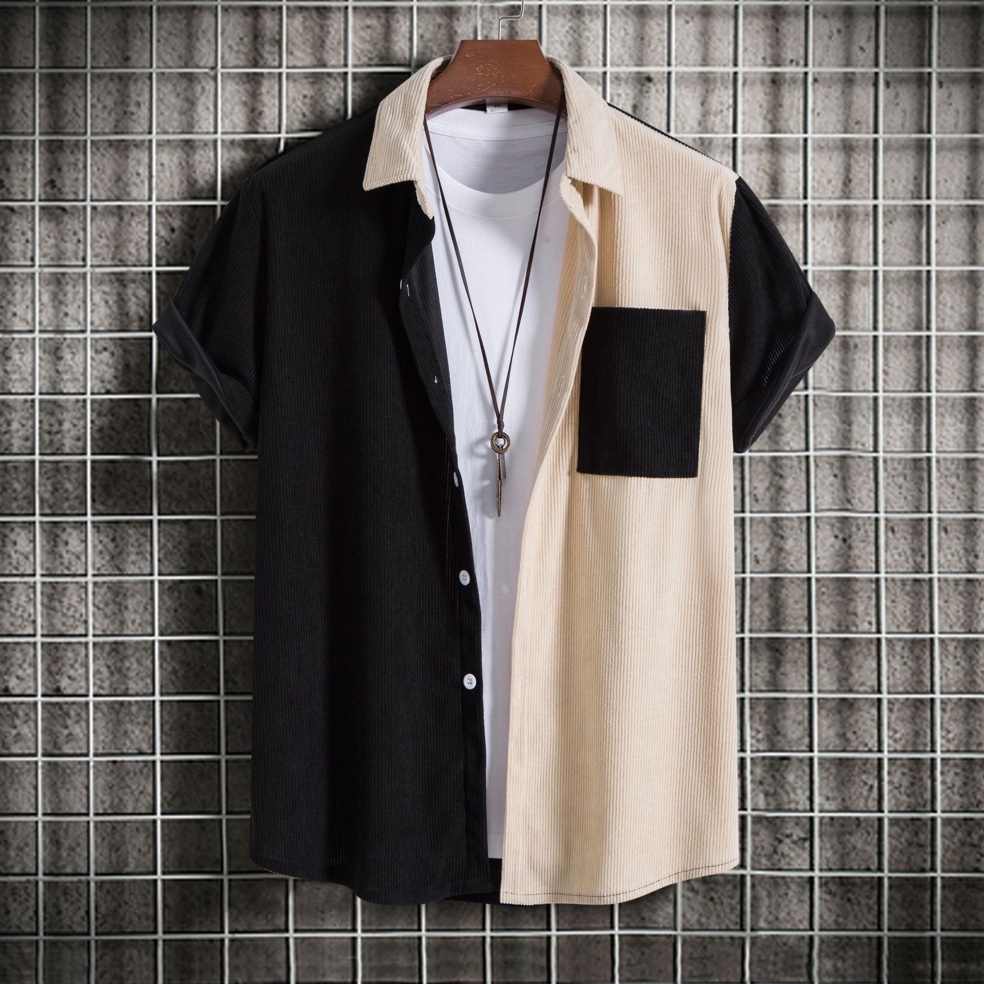 2024 summer European and American European size stitching youth lapel short sleeve shirt men's corduroy lapel striped short sleeve shirt
