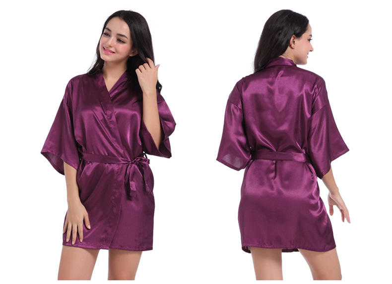 Cross-border Women's Twisted Sade Nightgown Bathrobe Solid Color Glossy Summer Thin Sexy Short Cardigan Gown_voghion.com