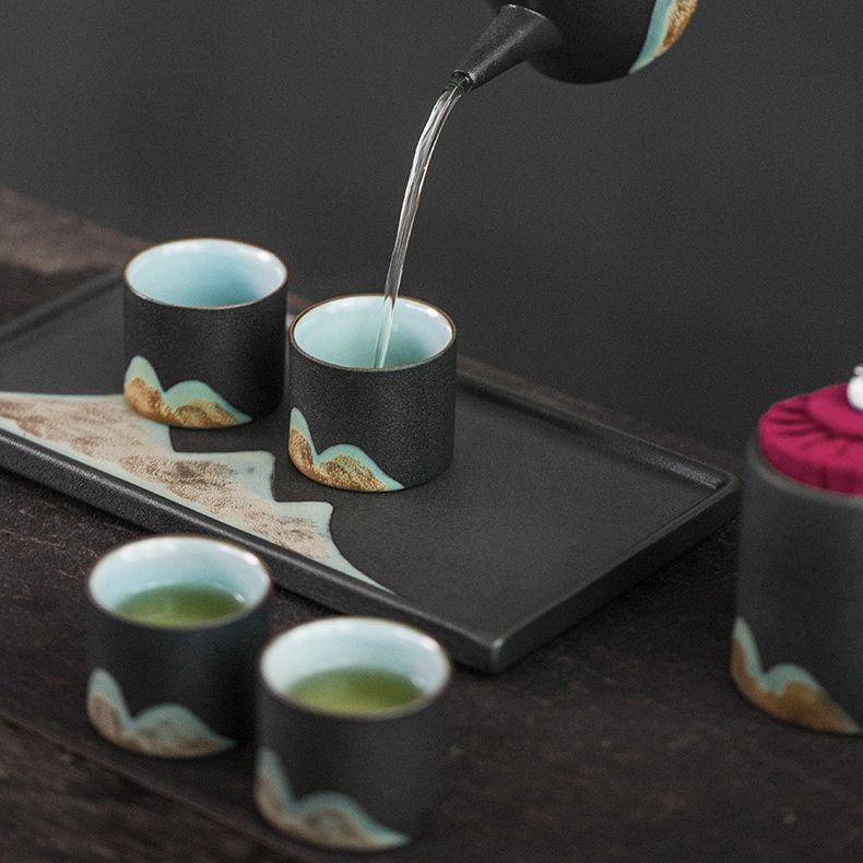 千里江山远山黑陶手绘茶杯 陶瓷创意品茗杯大师手作单杯日式家用