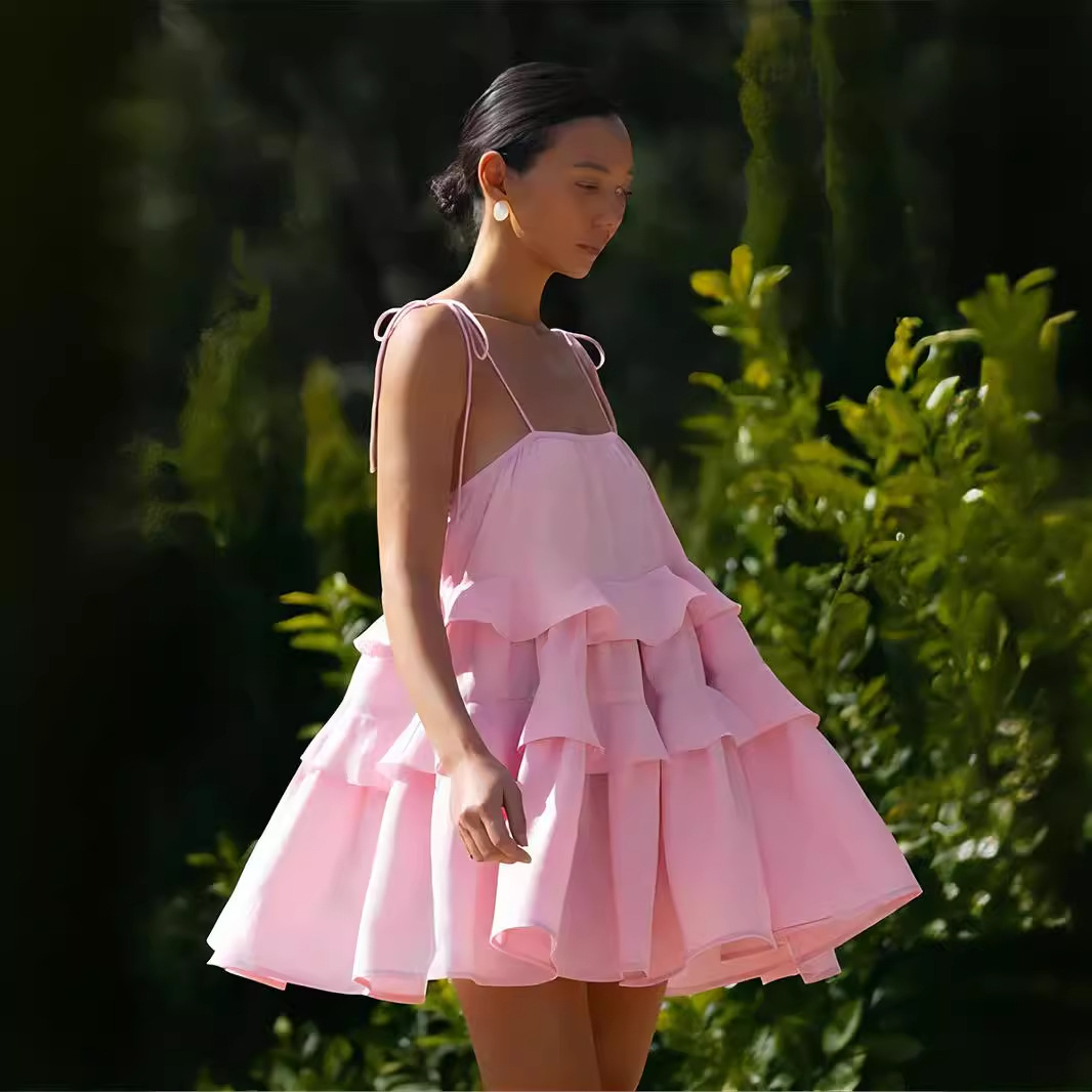 Sling dress 2024 Summer Multi-layer Ruffled Cake Skirt Short Backless Sling dress