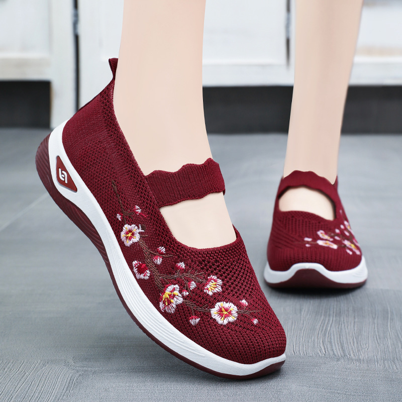 Mom's shoes summer New embroidered low-cut single-layer shoes women's breathable casual shoes slip-on slip-on shoes