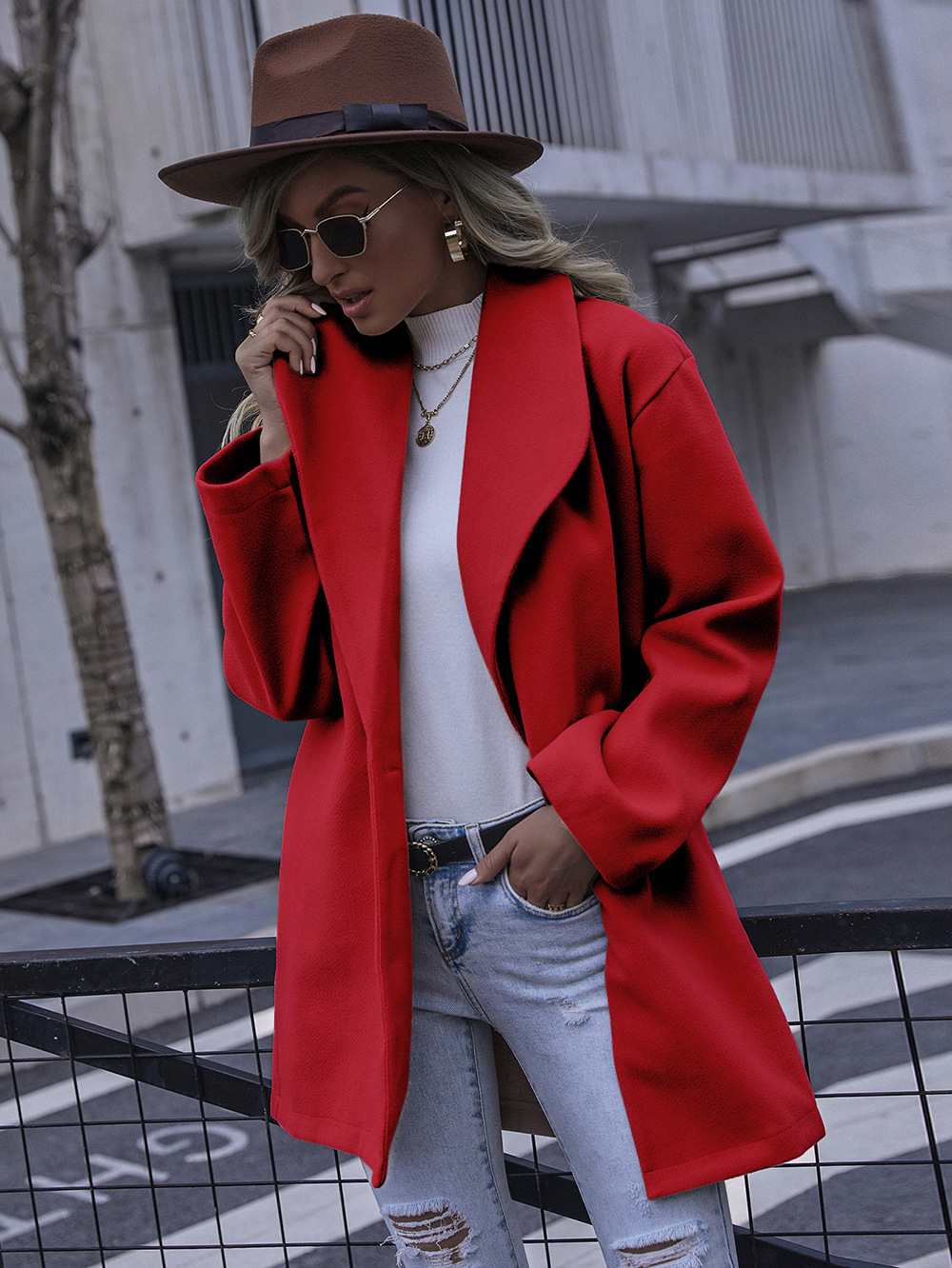 wish Amazon Cross-border European and American Women's Autumn and Winter Coat Fashion Lapel Long Woolen Coat Women