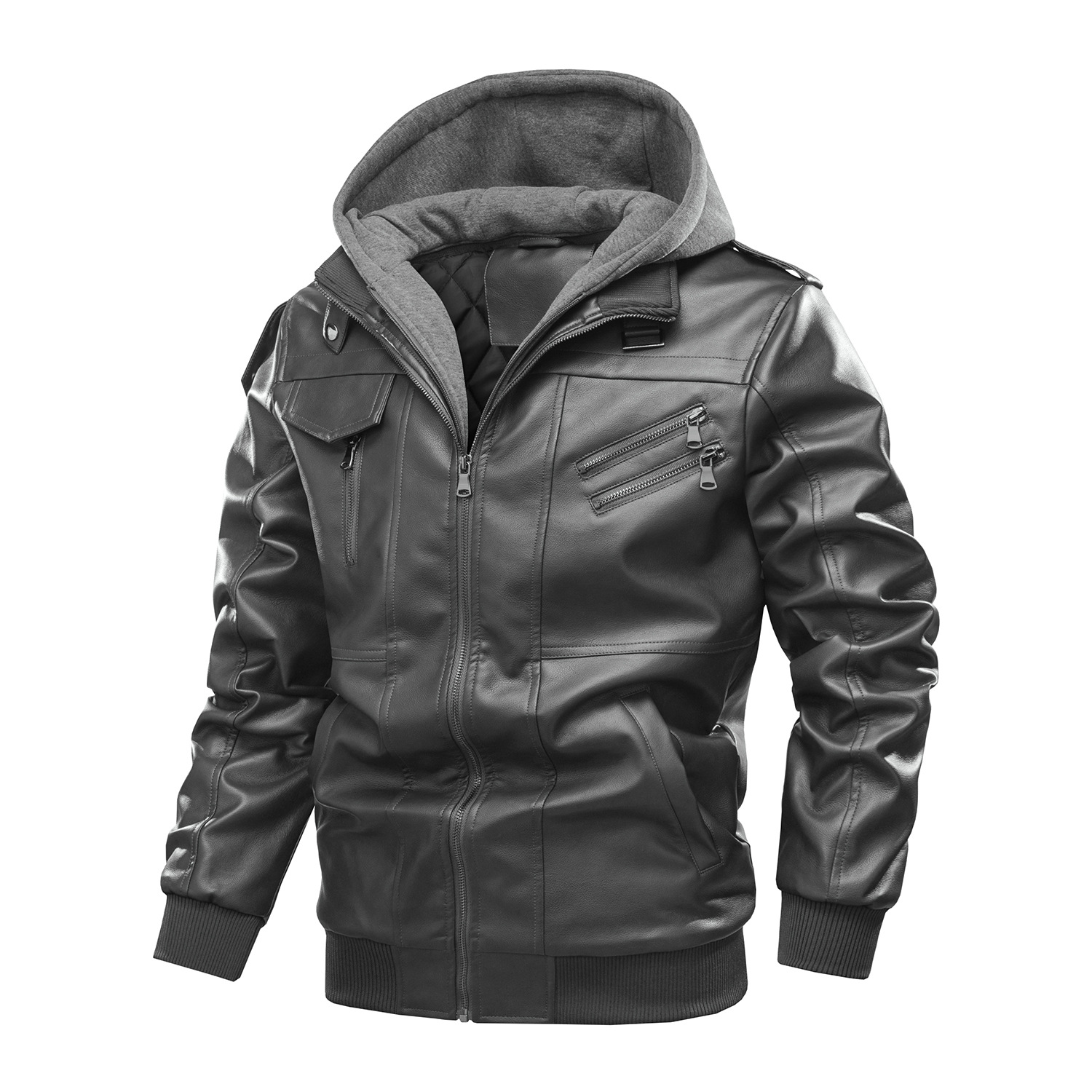 American Size Men's Casual Foreign Trade Motorcycle Puleather Clothes Pin Cotton Warm Jacket Thickened Detachable Hooded Large Size Jacket