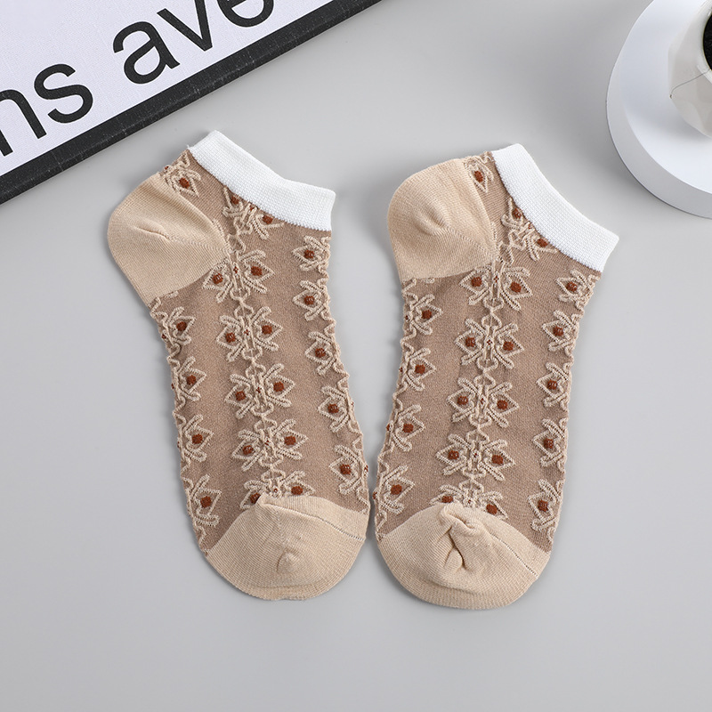 Spring and Summer Thin Short Socks Women's Trendy Retro Anti-Weaving Flower Low-Top Korean Style All-Match Embossed Boat Socks Dark Flower Socks