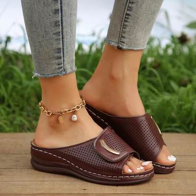 2023 new foreign trade plus size wedge sandals women's wide strap breathable casual shoes solid color wedge women's shoes