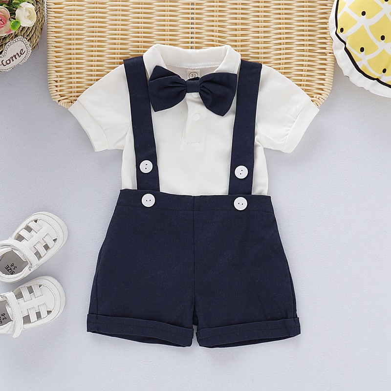 ins Explosive Foreign Trade Children's Wear Korean Style Summer Children's Suit Solid Color Short-sleeved Small Gentleman's Strap Pants