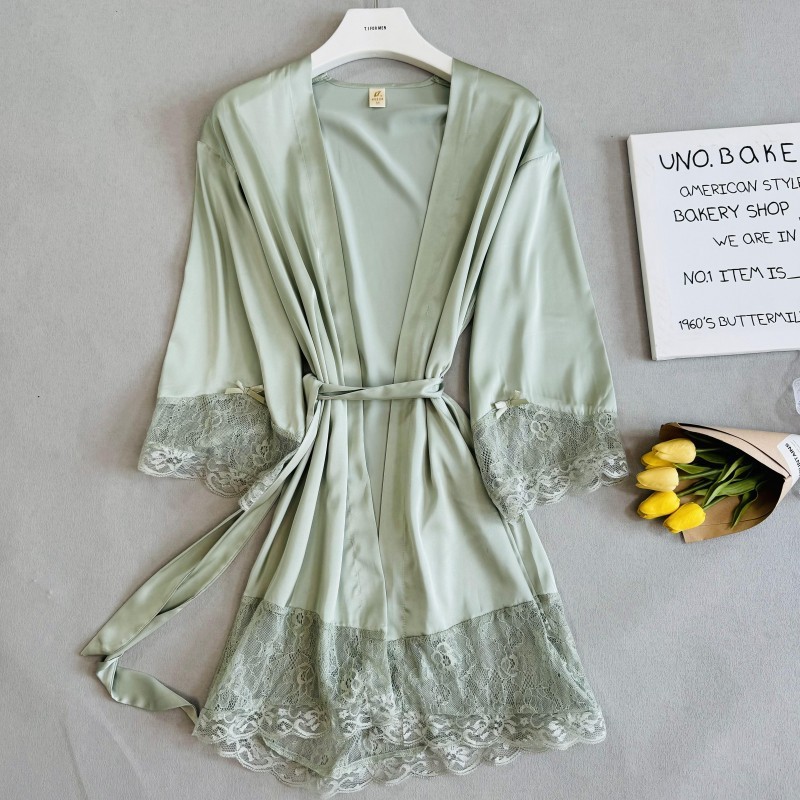Women's sexy pajamas bride morning gown seductive artificial silk nightdress lace-up bathrobe spring, summer and autumn one-piece