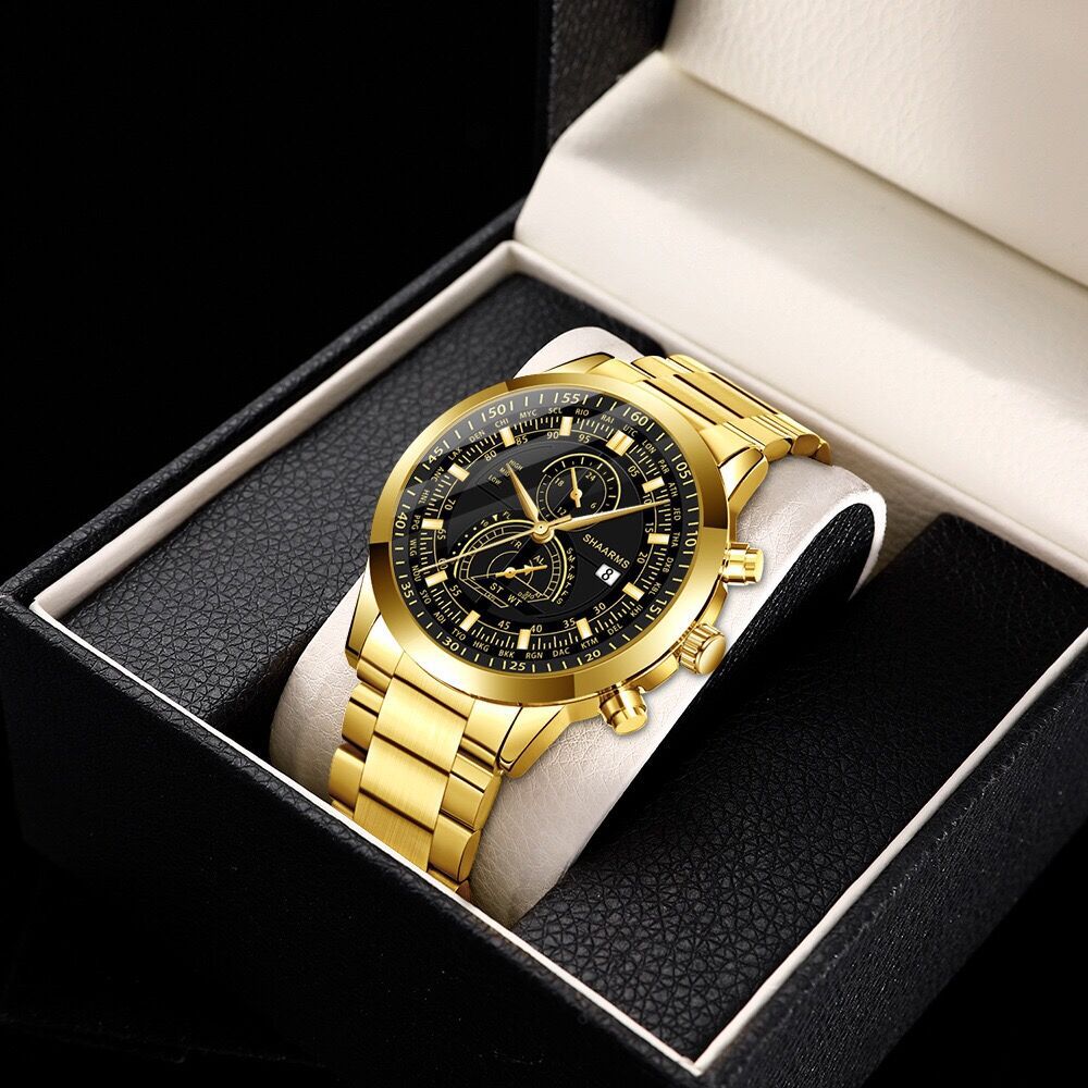 Factory wholesale atmospheric Simple Men's steel band watch simple scale quartz watch men's fake two eyes calendar men's watch