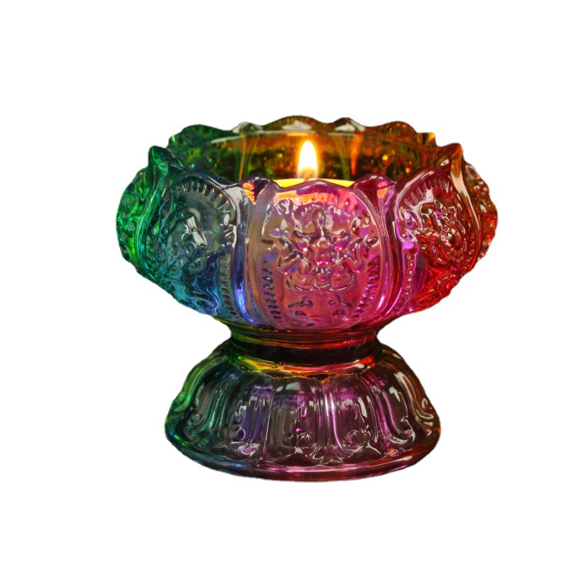 Butter Lamp Holder Glazed High-legged Eight Auspicious Lamp Holder Crystal Glass Candle Holder Buddha Supplies Buddha Lights