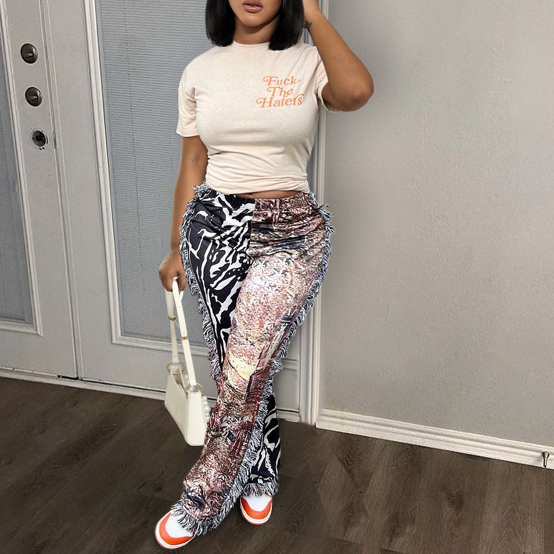 European and American 2023 Amazon cross-border autumn new casual fashion color pattern tassel velvet pants + T-shirt suit women