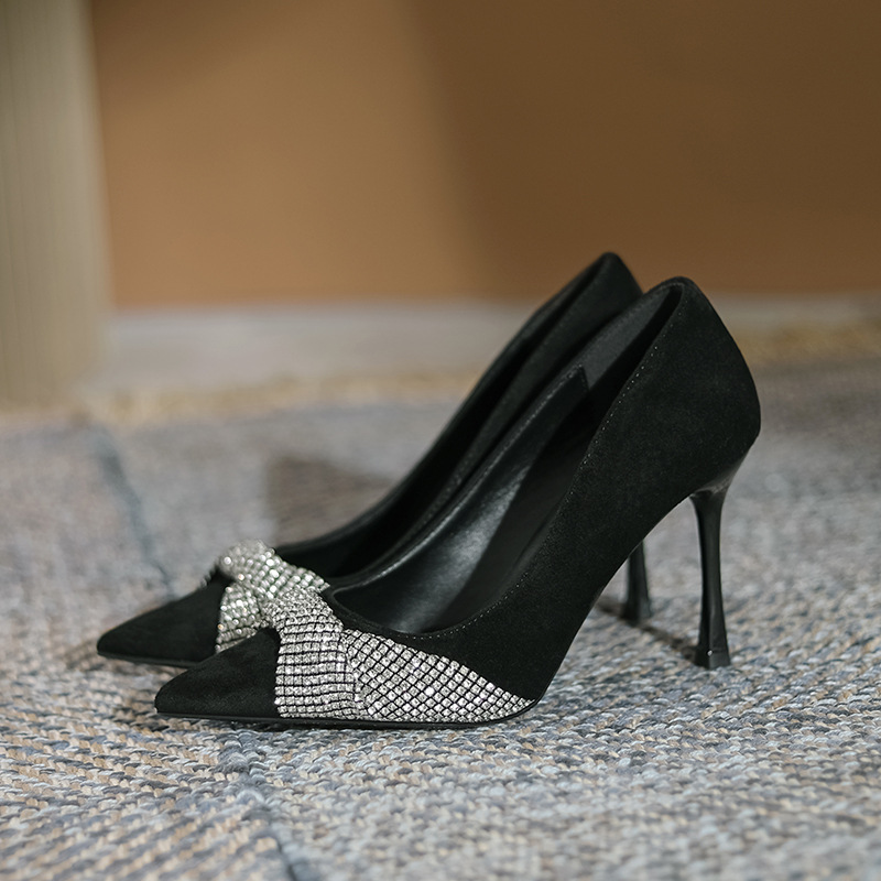 2023 Spring and Autumn New High-heeled Shoes Women's Suede Solid Color Rhinestone Decoration Thin Heel Pointed Elegant High-end All-match Single