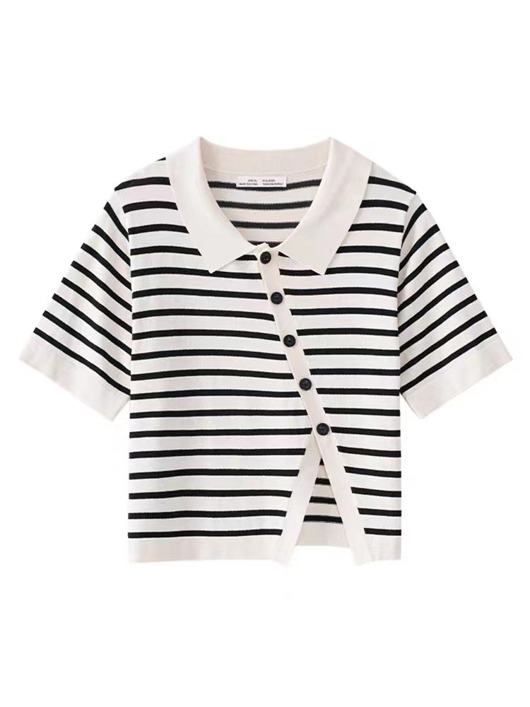 polo collar knitted cardigan short-sleeved T-shirt women ins summer  new Korean style striped irregular slit top