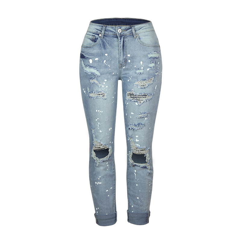 2021 Summer New Amazon Cross-border Europe and the United States Stretch Washed Hole Straight Street Style Denim Pants for Women