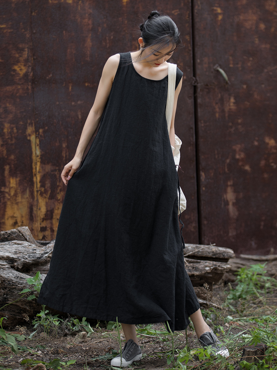 2024 Spring and Summer Cotton Linen Women's Clothing New Ramie Sleeveless Lace-up Dress Home Travel Long Dress Literary Style Dress