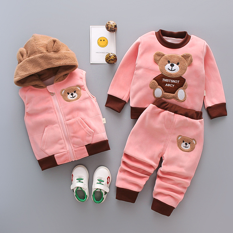 Children's Wear 2024 New Korean Cartoon fleece-lined Bear Three-Piece Autumn and Winter Wear for Girls and Boys Trendy Baby