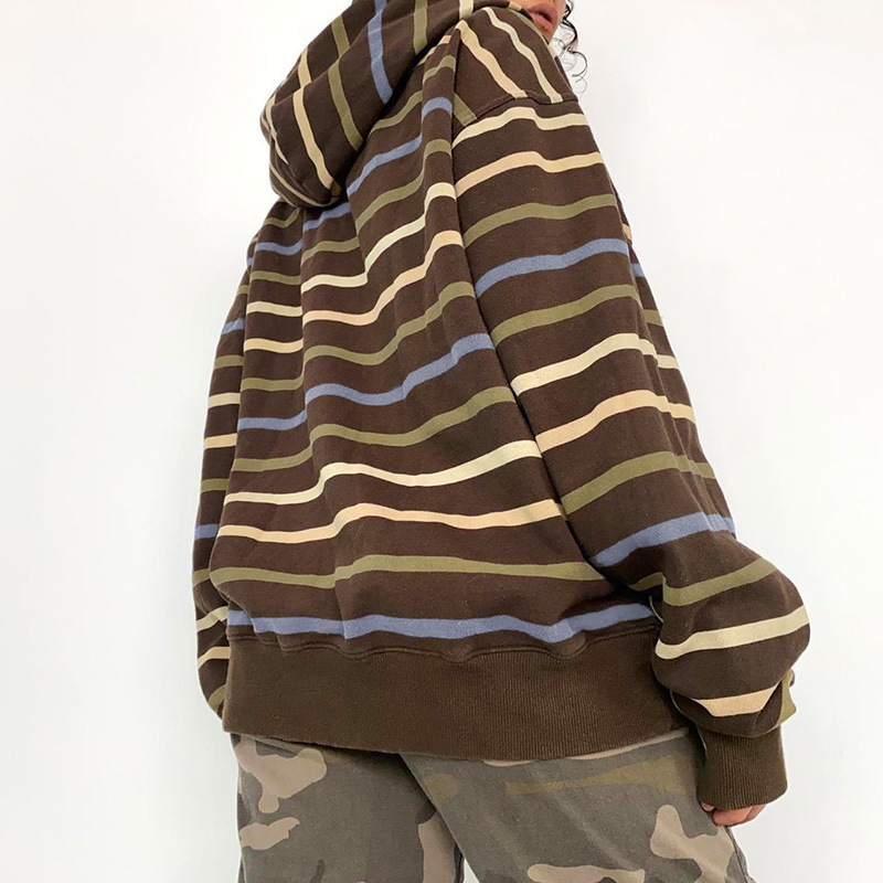 American retro wind color stripe stitching sweater female 2022 Autumn New zipper hooded loose casual jacket