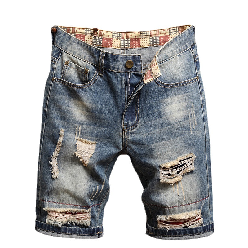 Lined Jeans Men's Ragged Five-point Beggar Pants Four Seasons Trendy Brand Personalized Men's Jeans jeansmen