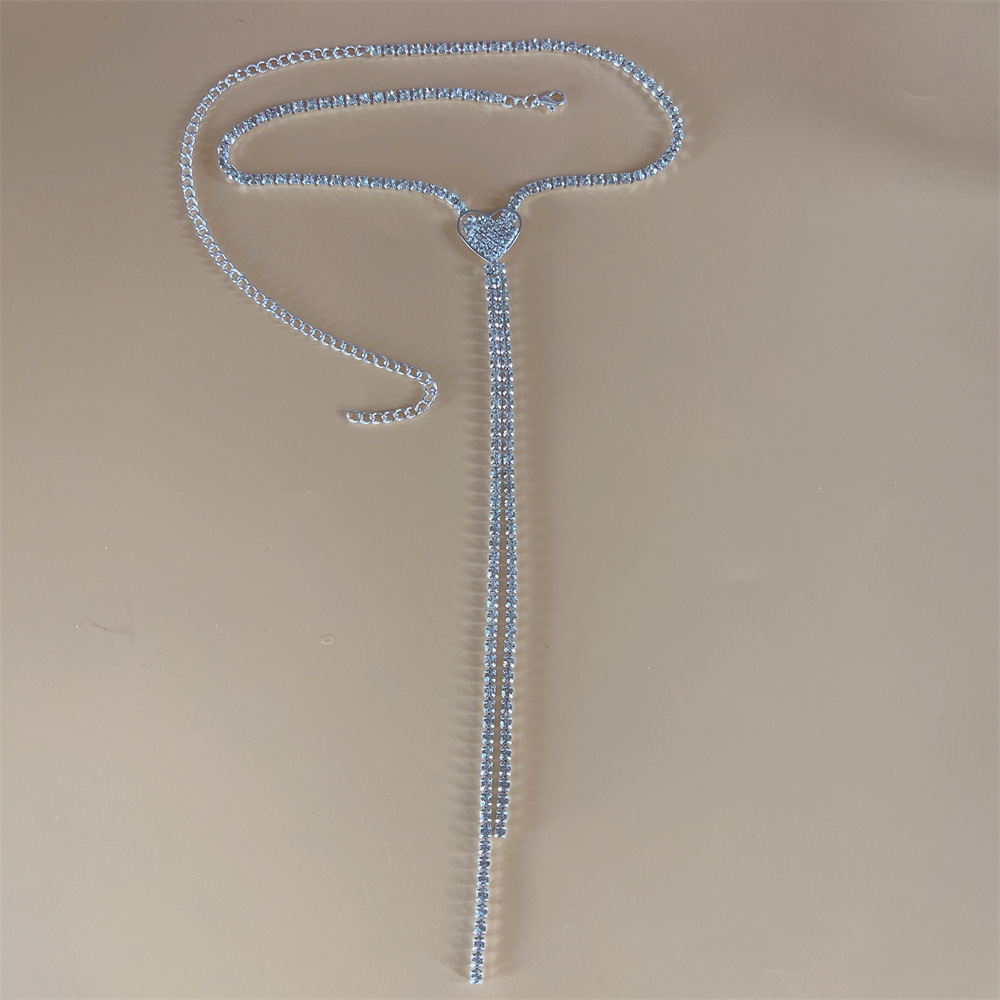 Amazon Hot Sale Full Rhinestone Love Long Tassel Clavicle Chain Women Party Dinner Shiny Crystal Necklace Jewelry
