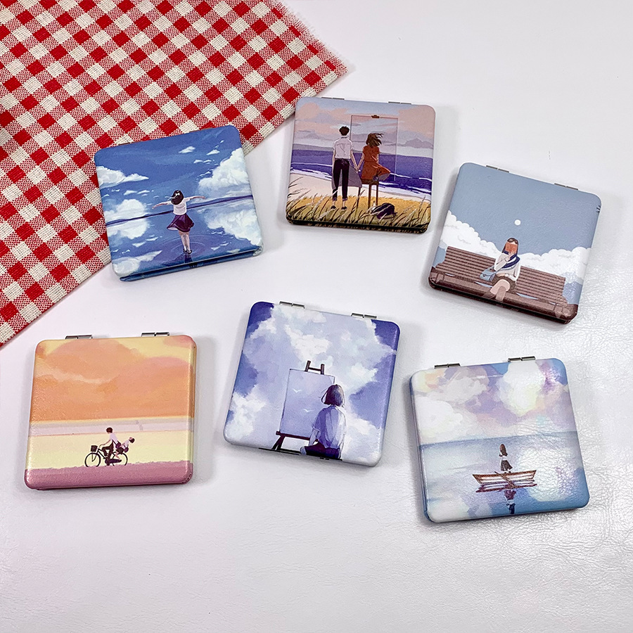 Korean Style ins Folding Makeup Mirror Cute Cartoon Girl Heart Double-sided Mirror Portable Bag Essential New Small Mirror