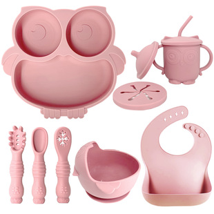 New Baby Silicone Dish ins Style Baby Silicone Suction Bowl Soft Spoon High Temperature Resistant Water Cup Anti-fall Bib Set