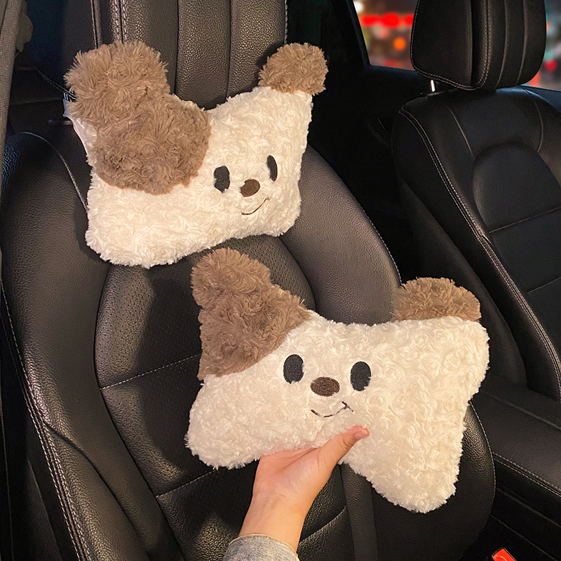 Almohada para el cuello y el reposacabezas del automóvil, un par de almohadas para conductora femenina, linda almohada para el automóvil con forma de cachorro, almohada para el cuello y la cintura del asiento del automóvil_voghion.com