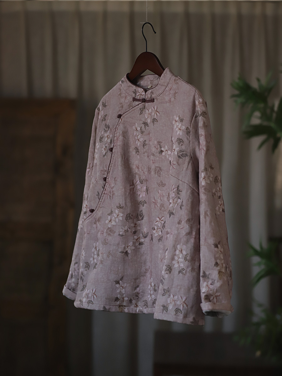 S5929 Neues, schräges Knopfleisten-Leinen-Digitaldruck-Kontrast-Zen-personalisiertes Samtoberteil im chinesischen Stil_voghion.com