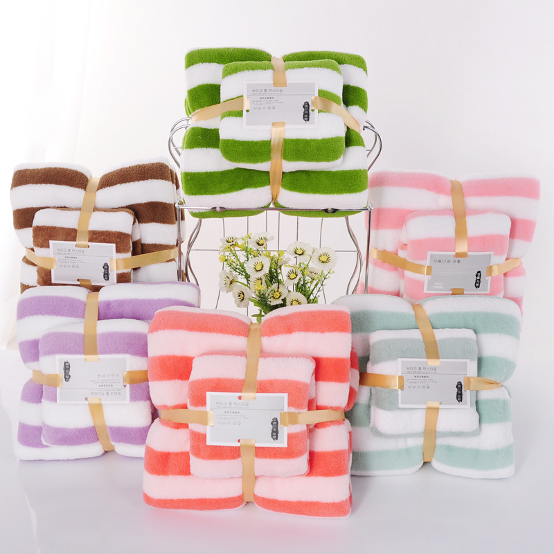 Factory straight hair child and mother towel color stripe warp knitting high density coral velvet towel supermarket LOGO back gift foreign trade Wholesale